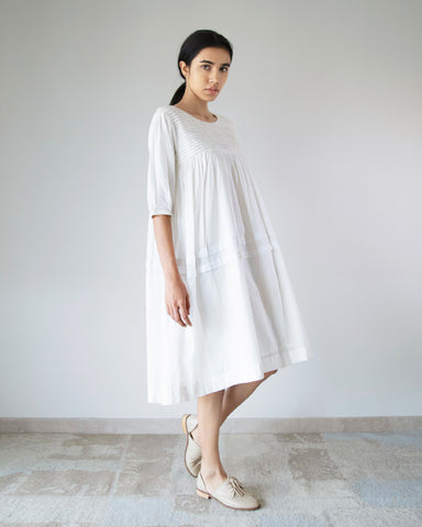 White Pleated Yoke Dress