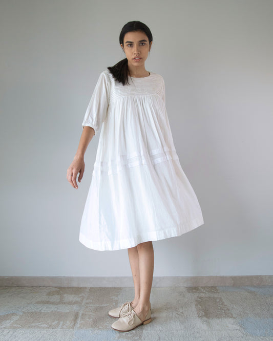 White Pleated Yoke Dress