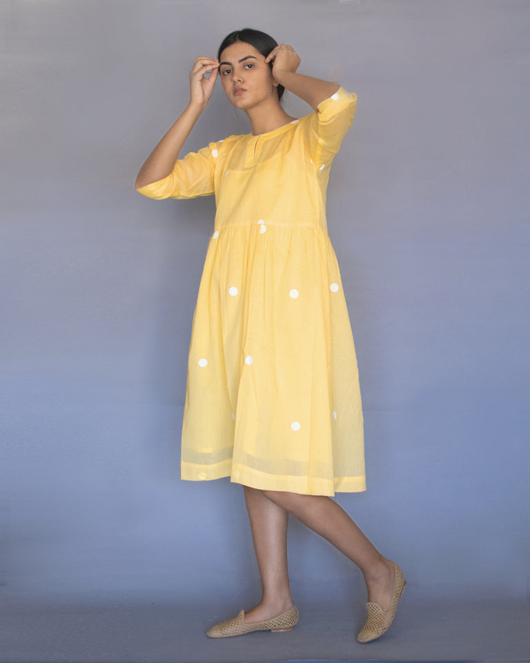 Load image into Gallery viewer, Yellow Polka Drop Shoulder Dress with Free Slip