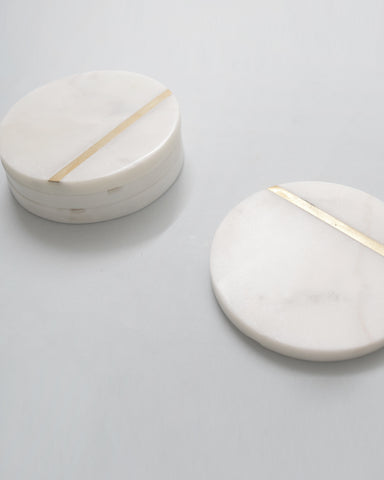White Round Marble with Brass Inlay - Set of 4