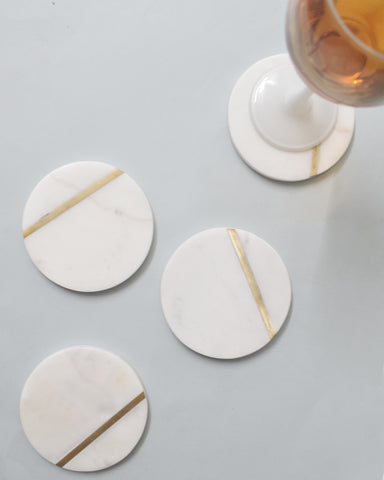 White Round Marble with Brass Inlay - Set of 4