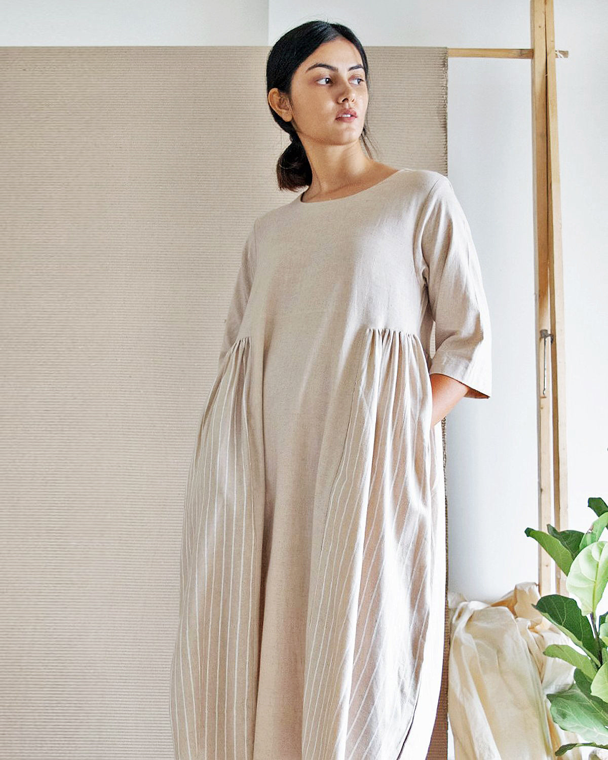 Beige Side Gather Dress