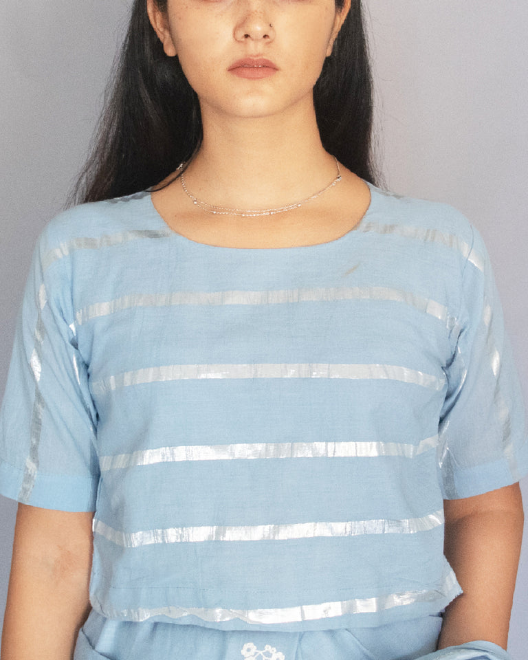 Load image into Gallery viewer, Powder Blue Cotton Zari Crop Top/Blouse