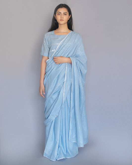 Powder Blue Cotton Zari Saree
