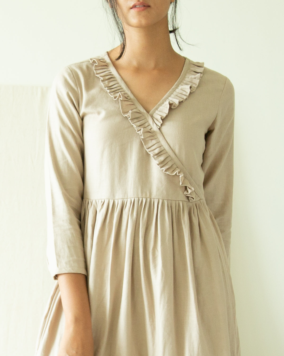 Beige Three Tier V Neck Dress
