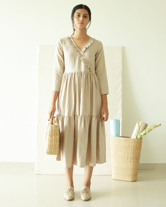 Beige Three Tier V Neck Dress