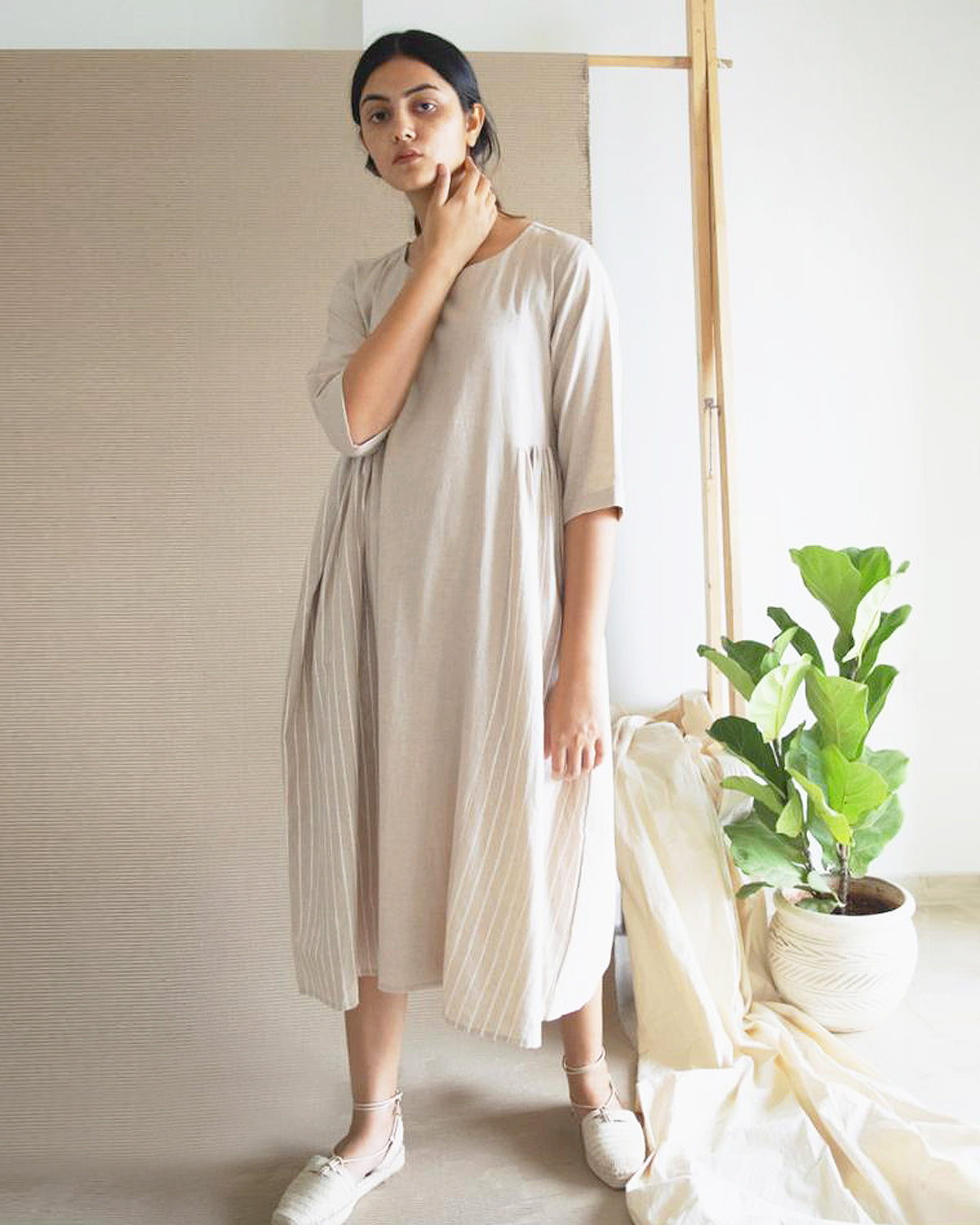 Beige Side Gather Dress