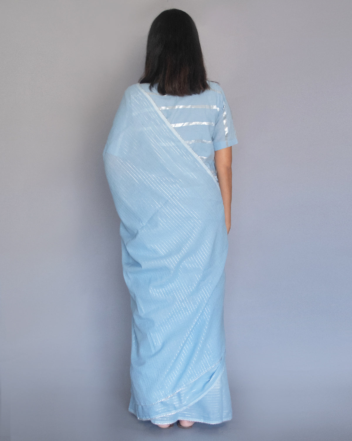 Powder Blue Cotton Zari Saree