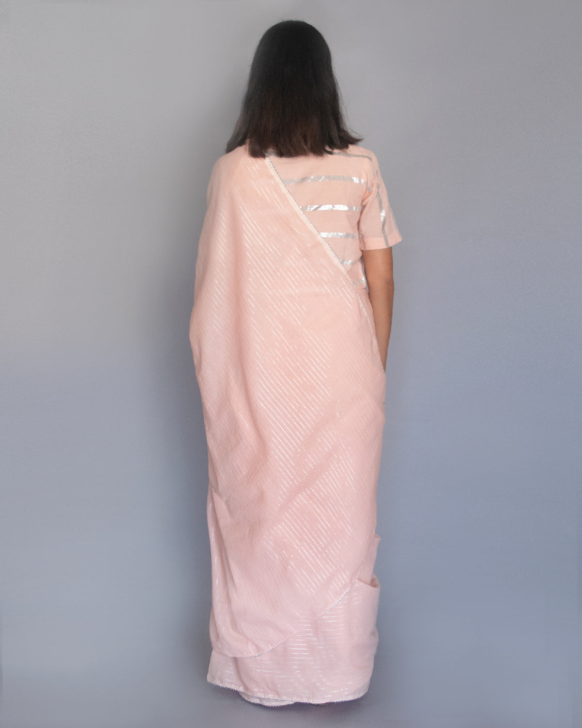 Salmon Pink Cotton Zari Saree