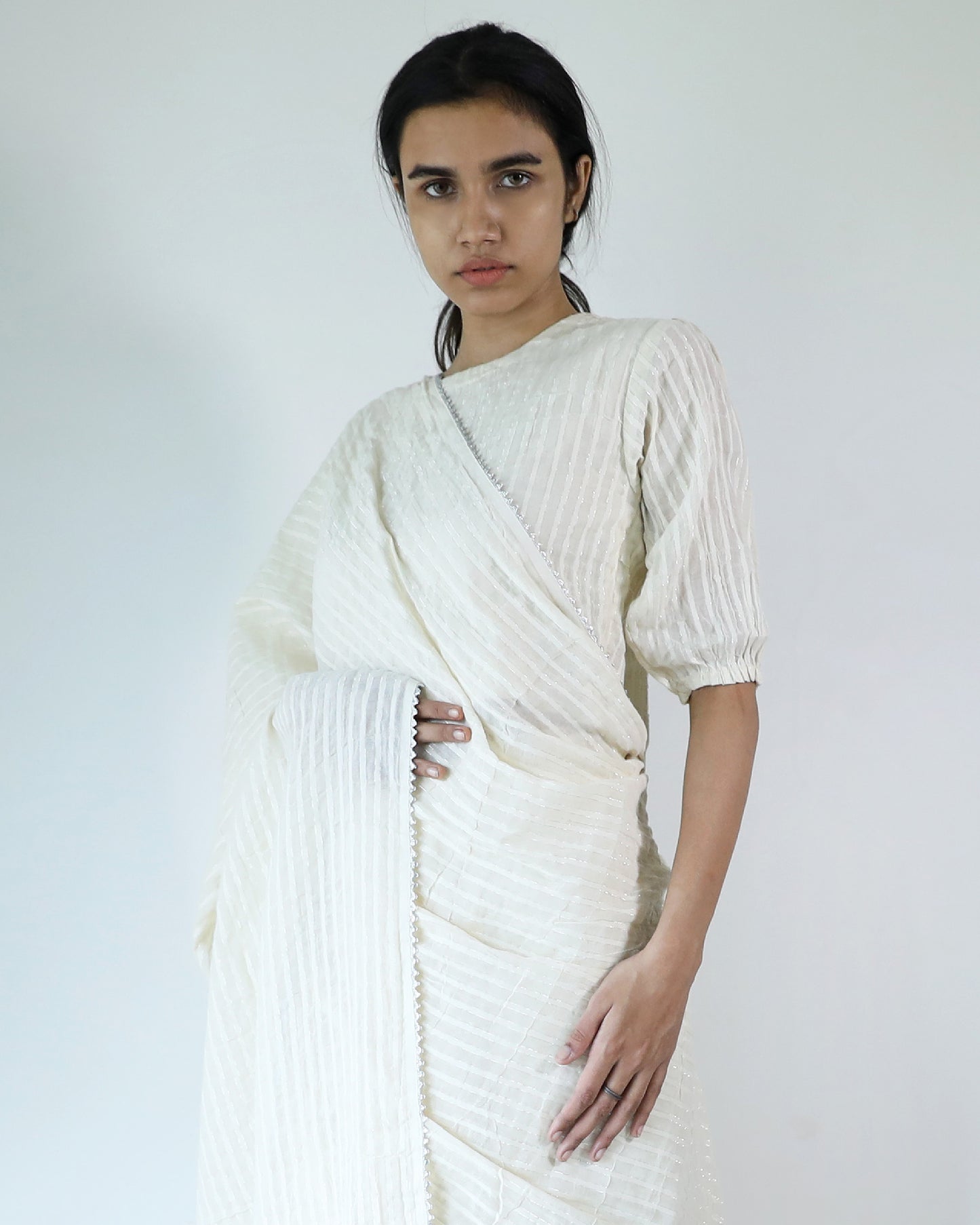 Ivory Cotton Stripe Saree