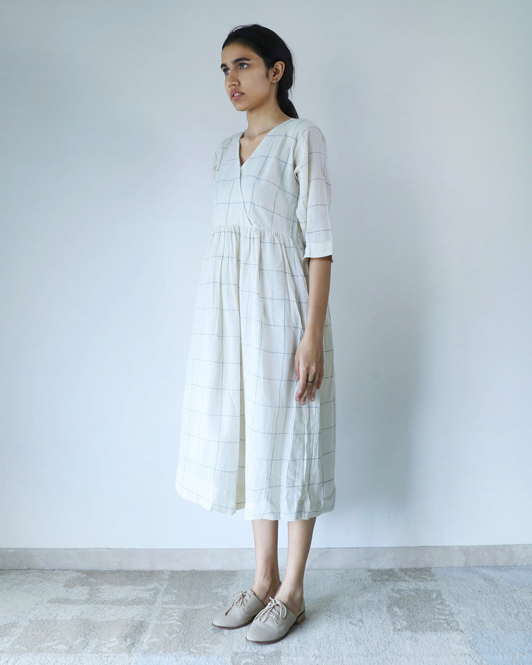Load image into Gallery viewer, Ivory Checks Overlap Dress - Organic Cotton