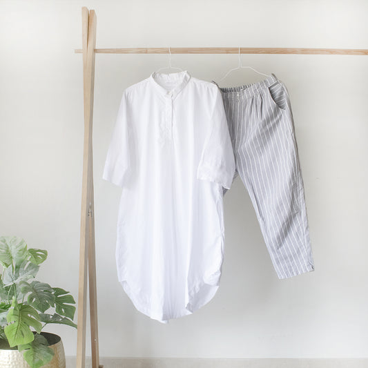 White Tunic And Grey Stripe Pant Set