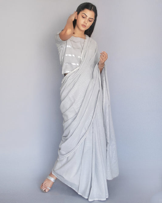 Grey Cotton Zari Saree
