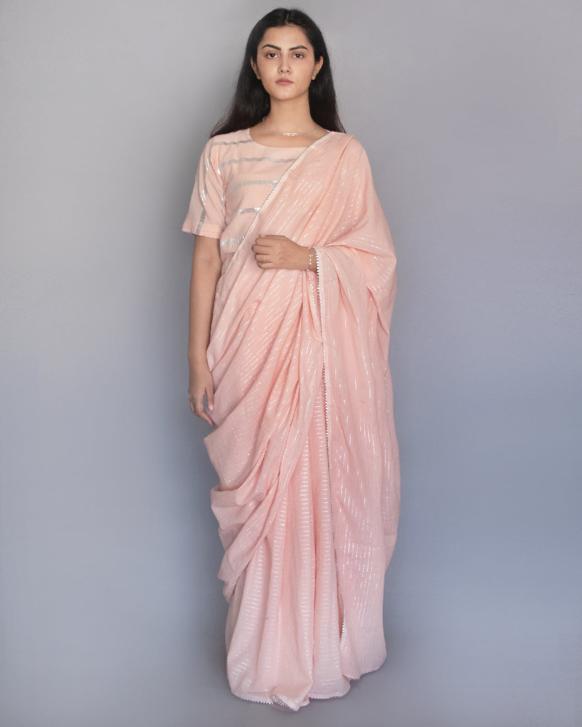 Salmon Pink Cotton Zari Saree