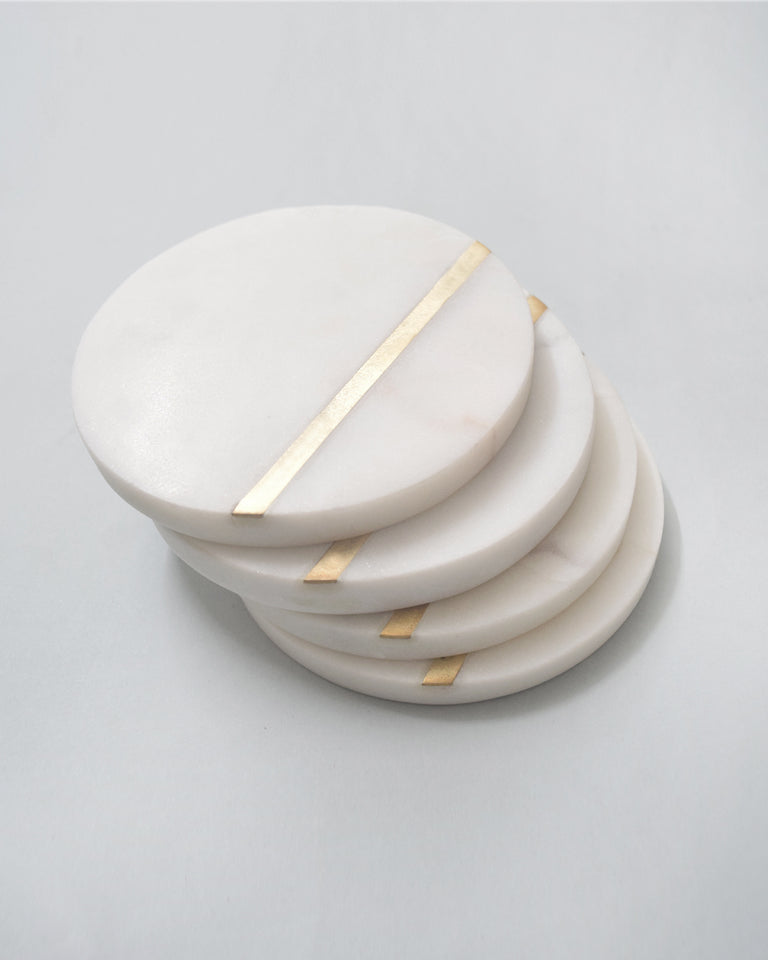Load image into Gallery viewer, White Round Marble with Brass Inlay - Set of 4