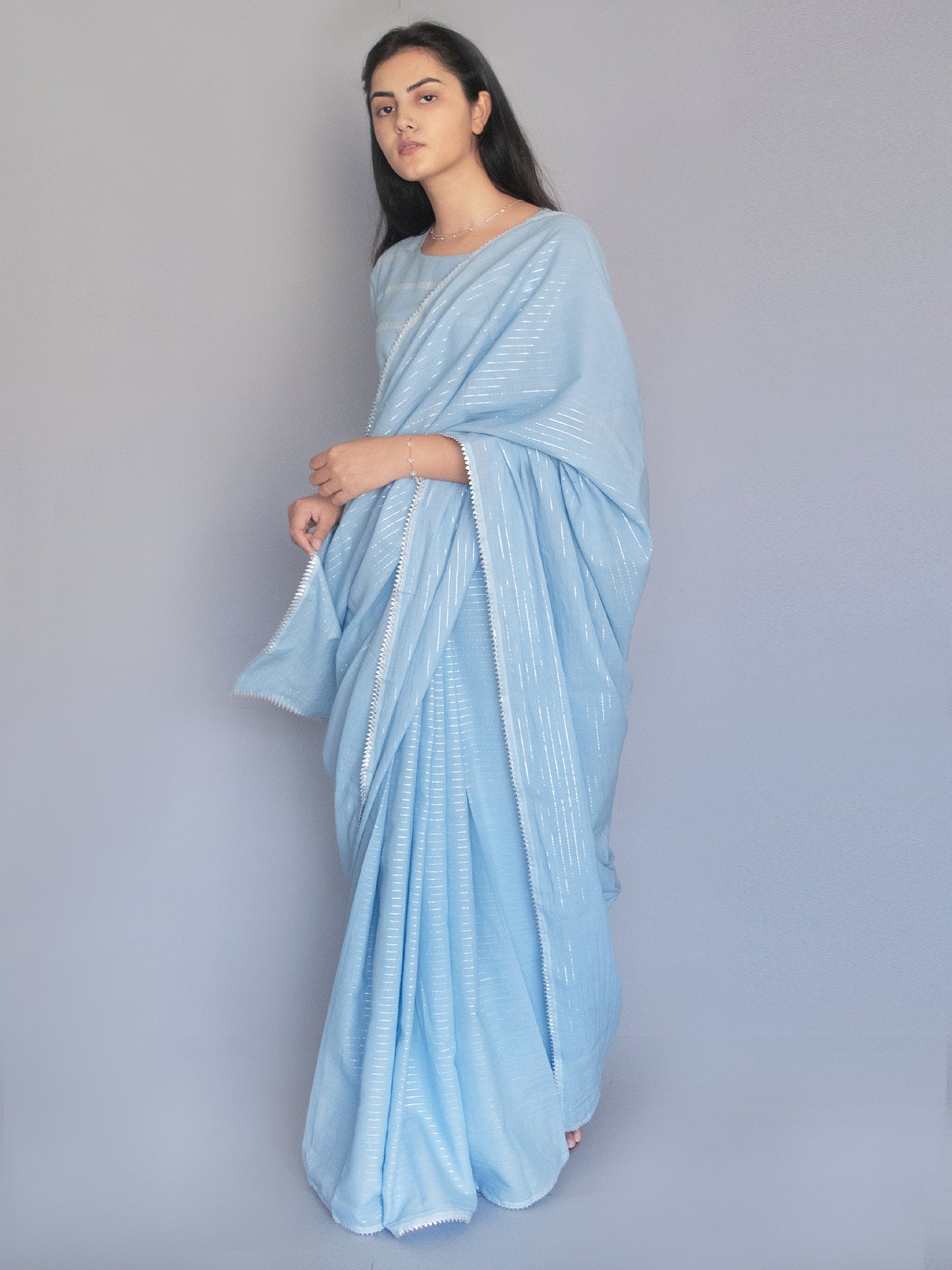 Powder Blue Cotton Zari Saree