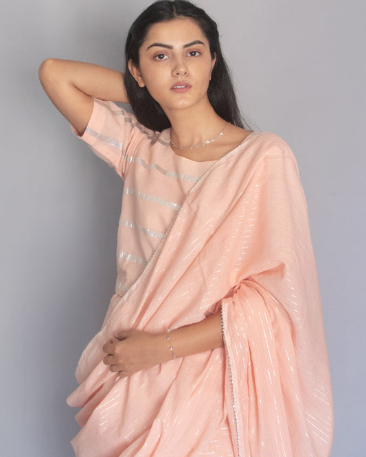 Salmon Pink Cotton Zari Saree