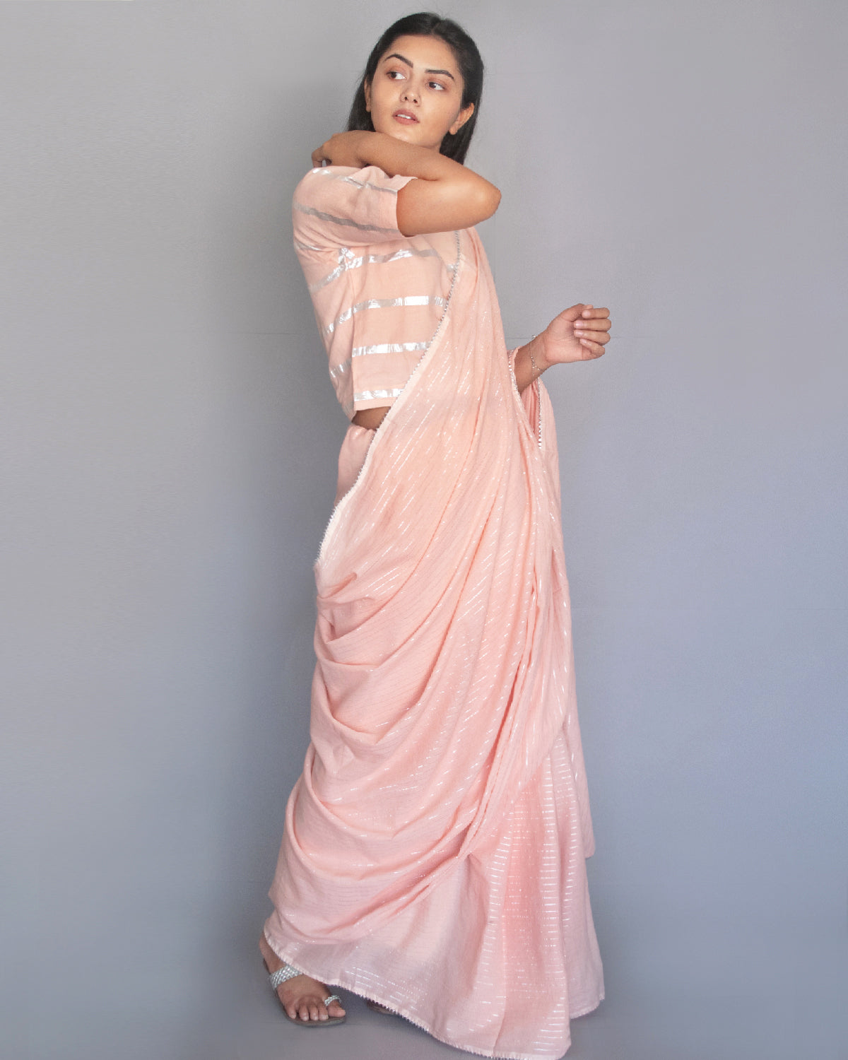 Salmon Pink Cotton Zari Saree