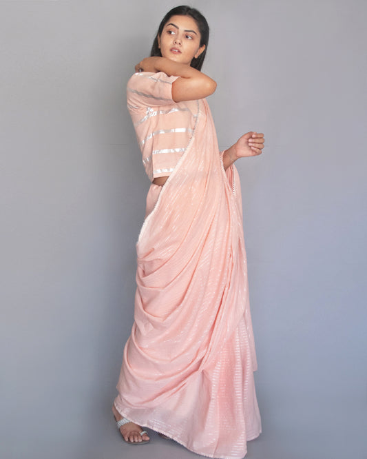 Salmon Pink Cotton Zari Saree