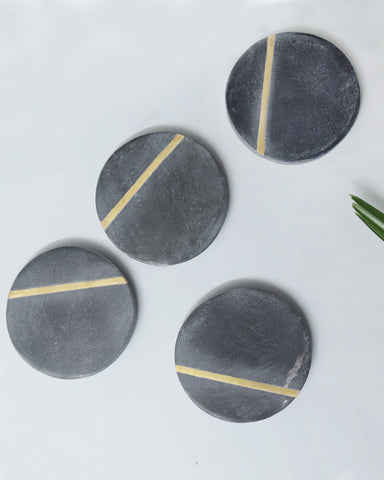 Black Marble Coasters with Gold Brass Inlay - Set of 4