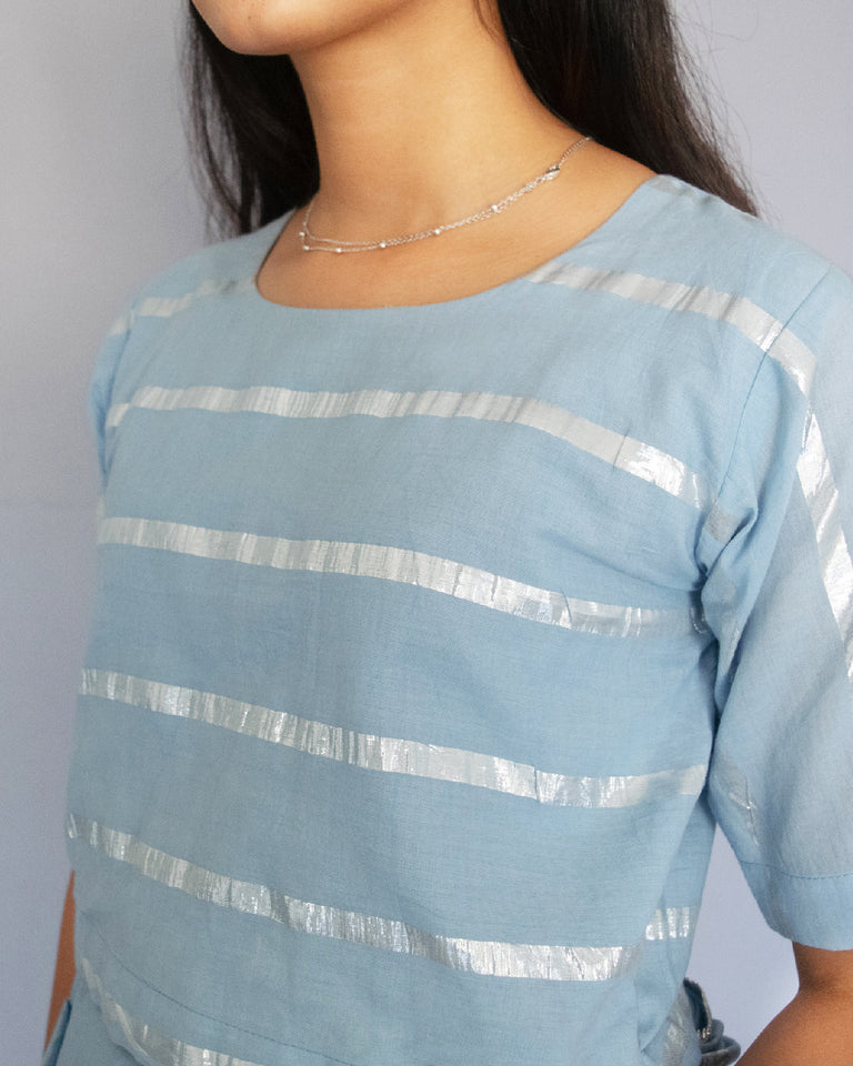 Load image into Gallery viewer, Powder Blue Cotton Zari Crop Top/Blouse