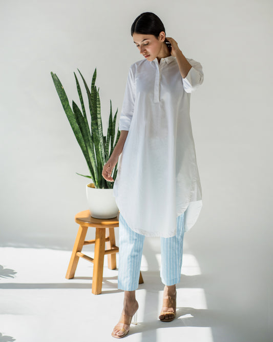 White Tunic And Blue Stripe Pant Set