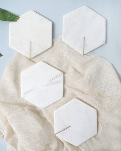 White Hexagonal Marble with Brass Inlay - Set of 4