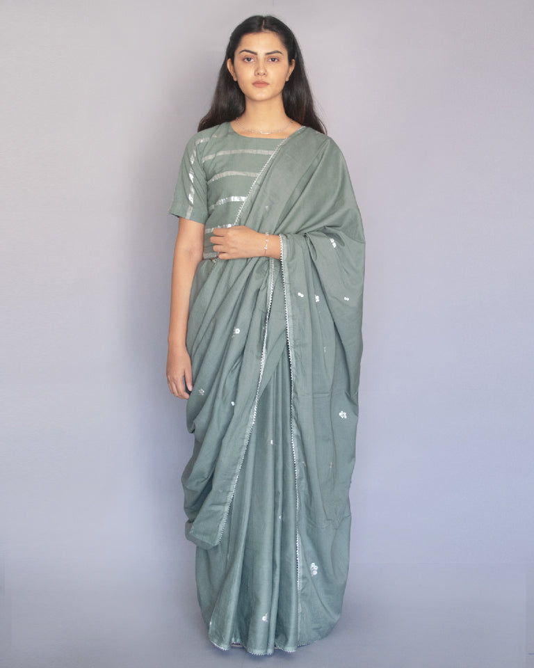 Load image into Gallery viewer, Sage Green Foil Printed Cotton Saree