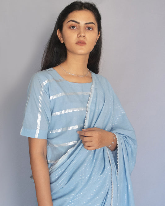 Powder Blue Cotton Zari Saree